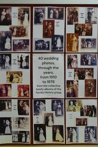 A piece of paper with a selection of wedding photos, divided into groups. In the centre of the page it says, "40 wedding photos through the years, from 1910 to 1976"