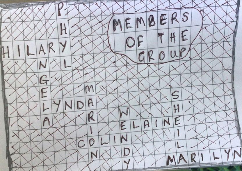 a handwritten crossword grid with names in it