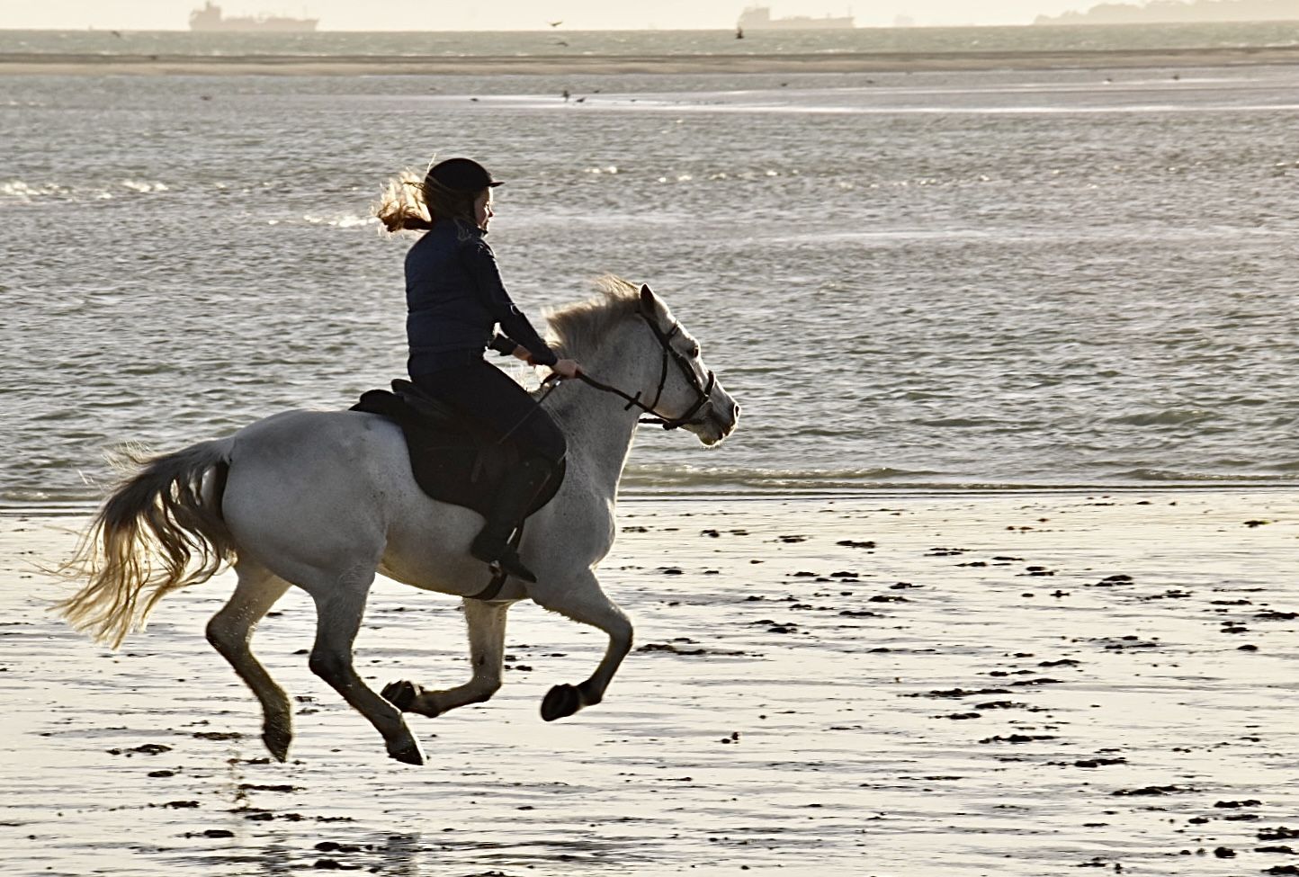 A woman on a white horse, the horse is galloping but in the air, across a flat beach. The sun is setting. 