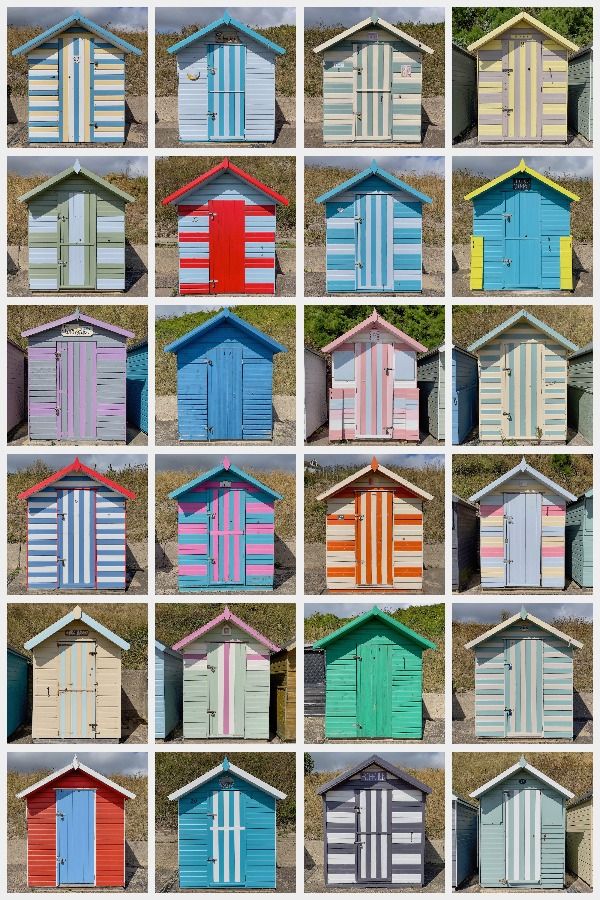 Pictures of 20 colourful beach huts, stacked in a grid
