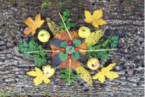 A mandala created out of leaves and apples