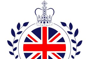 A graphic of a circle with the union jack in and a crown at the top