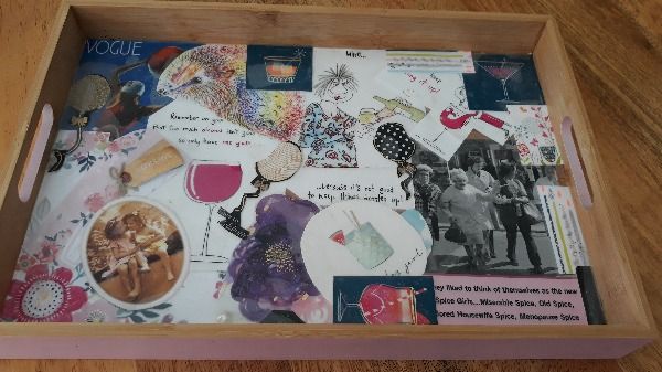 Wooden tray with inset decoupage from old birthday cards